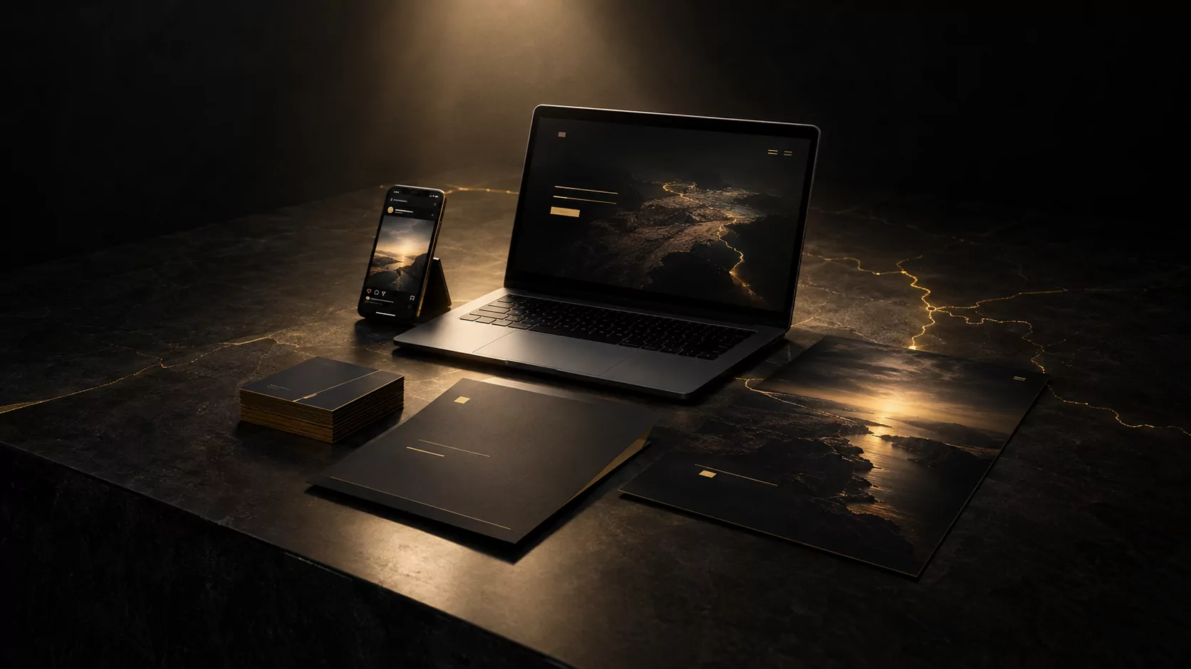One brand laid out together on a dark stone table under a single warm light: a laptop with a dark website, a phone with a social post, black business cards with gold edges, a letterhead and a printed campaign poster. Fine gold lines in the stone trace a map.