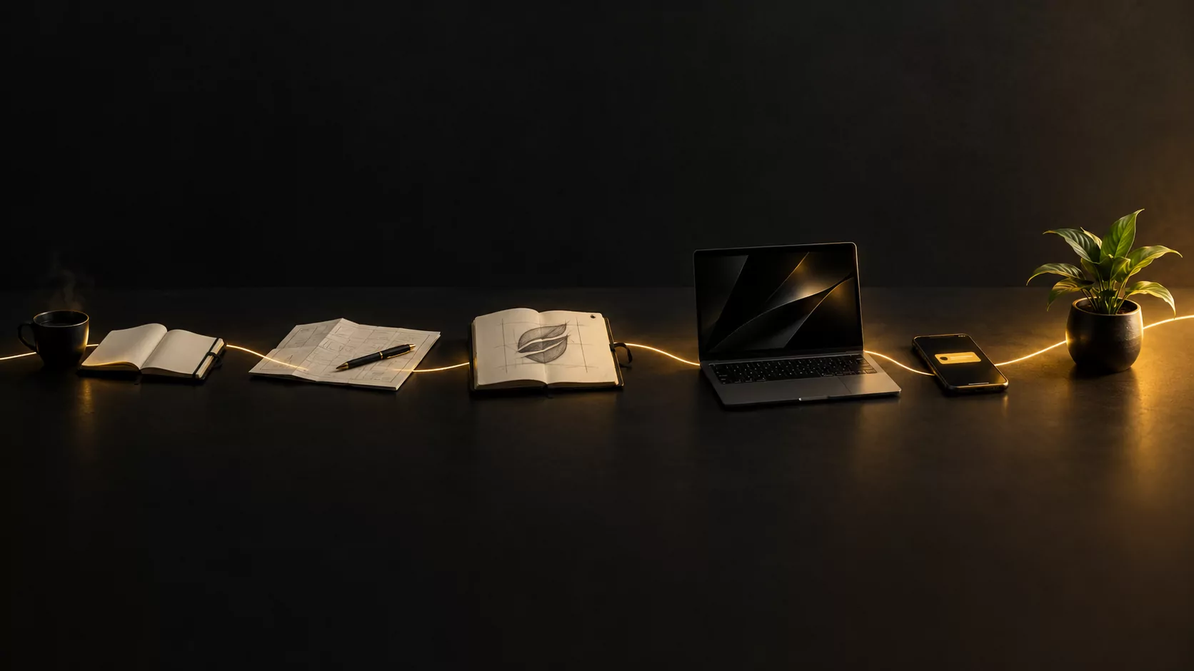 One glowing gold line runs across a dark table through six objects in order: a coffee cup, an open notebook, a plan with a pen, a sketchbook with a mark drawn in pencil, a laptop, a phone with a notification — and, in the warmest light at the end, a growing plant.
