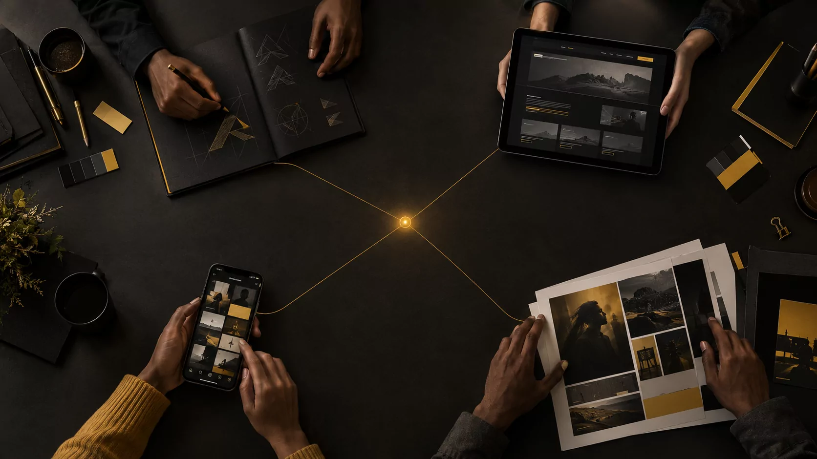 Seen from above, four people's hands work on the same brand around one dark table: one sketches a logo, one holds a tablet with the website, one scrolls a phone of social posts, one lays out printed ads. Gold threads run from each to one glowing point at the centre.
