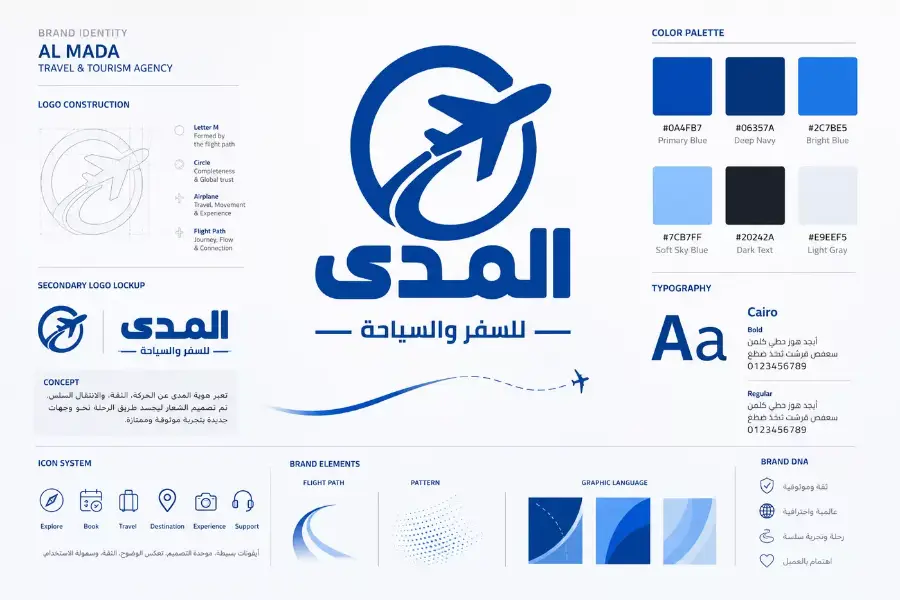 The Al Mada brand identity sheet: the mark at the centre — an aeroplane inside a circle, its flight path curving into the letter M — with the palette and type beneath it.