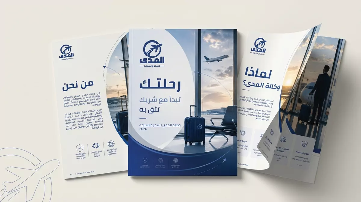 The Al Mada company profile, printed. Three panels: a cover carrying the mark and the promise over an airport window, an inside spread introducing the agency, and a further panel answering why the agency.