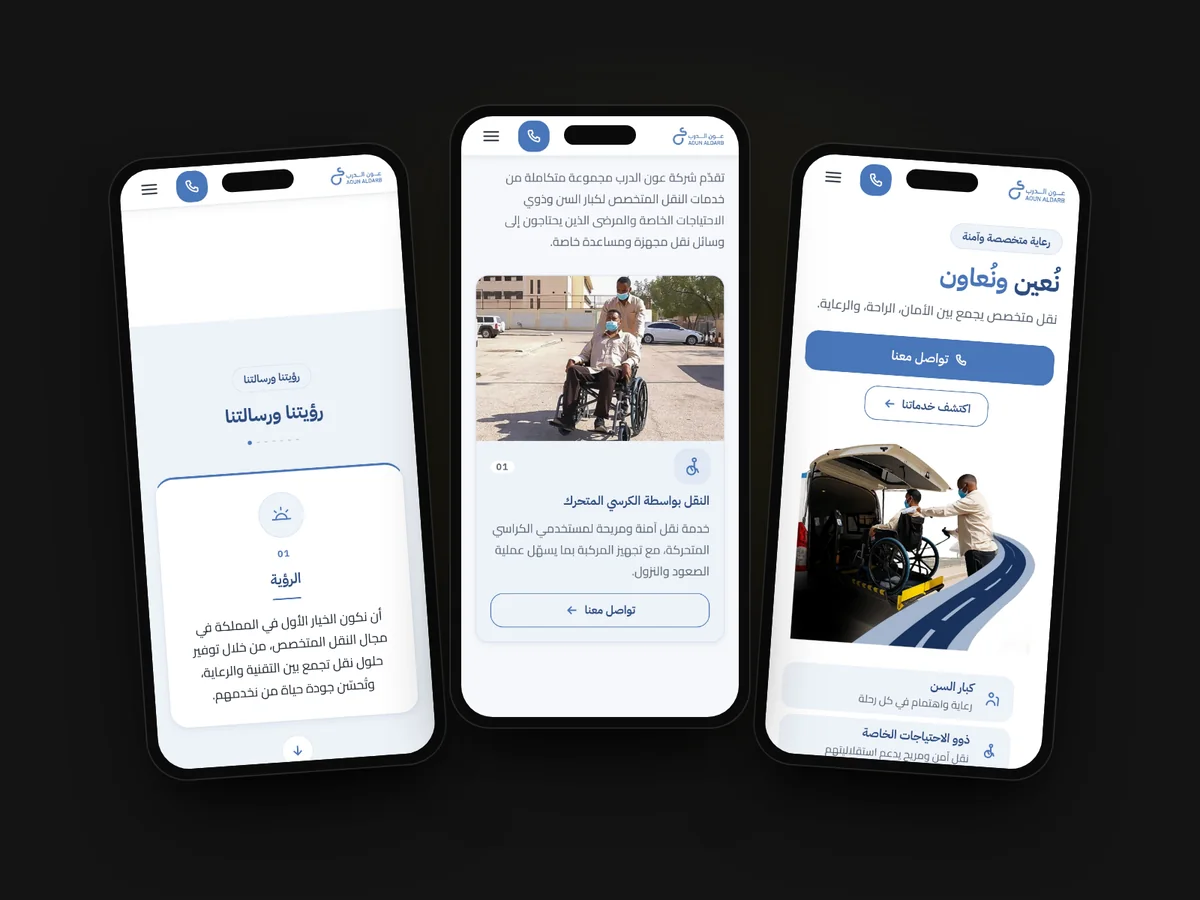 Three phone screens of the Aun Aldrb website: the opening, a service and the company's vision.