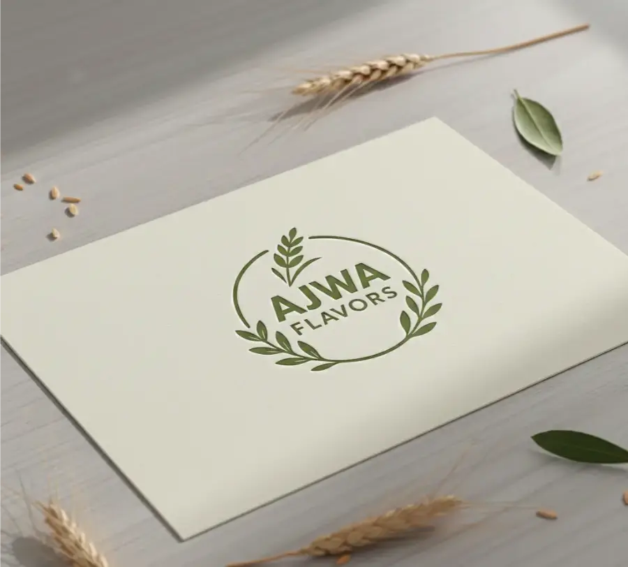 The Ajwa Flavors logo — a green botanical wreath around the name — debossed on an ivory business card, with wheat ears and bay leaves laid around it.