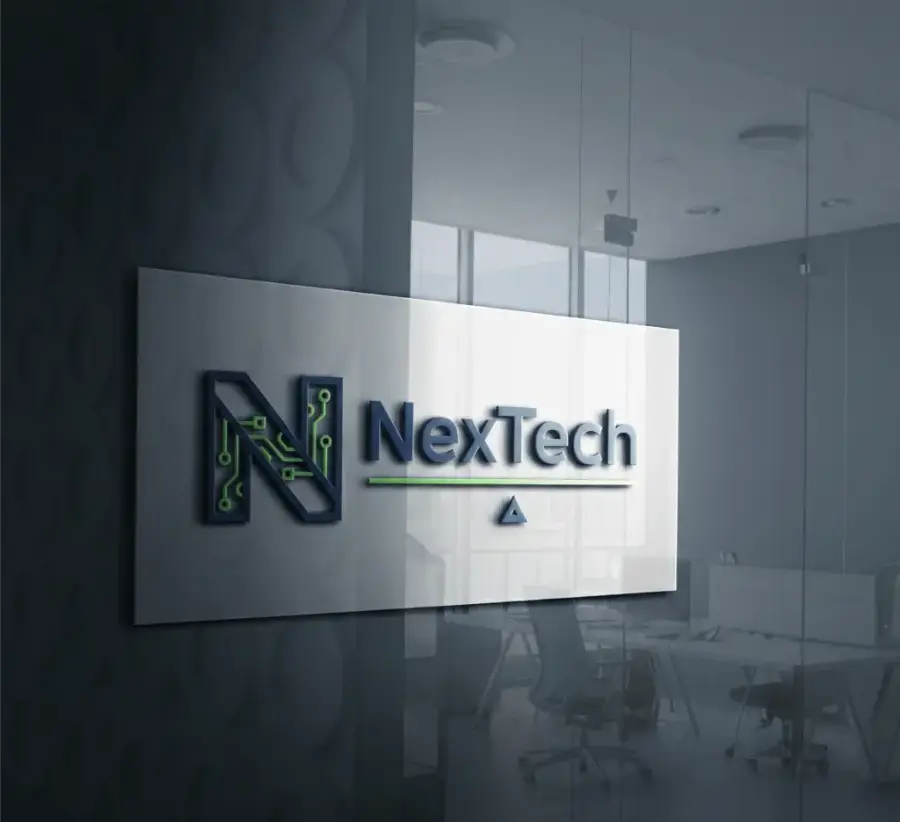 The NexTech logo, its N drawn as a circuit board, on a glass sign above an open-plan office.