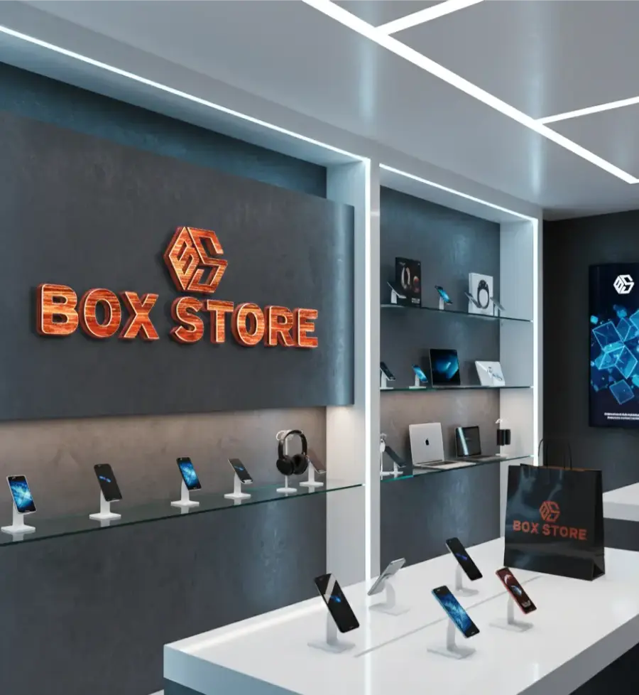 A Box Store retail interior: the illuminated wall sign, phones on lit display shelves, and a branded carrier bag on the counter.