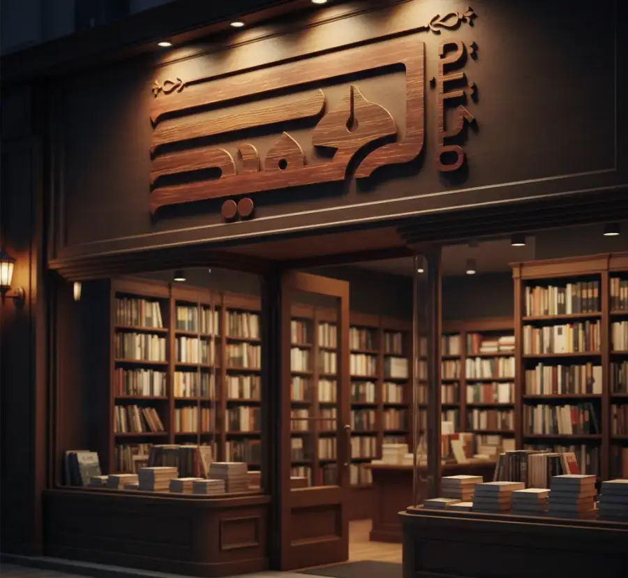 A carved wooden shopfront sign in Arabic, with a pen nib worked into the lettering, lit at dusk above a bookshop.