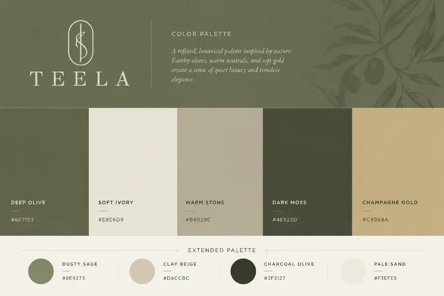 The Teela colour palette board: deep olive, soft ivory, warm stone, dark moss and champagne gold, with the extended tints named beneath.